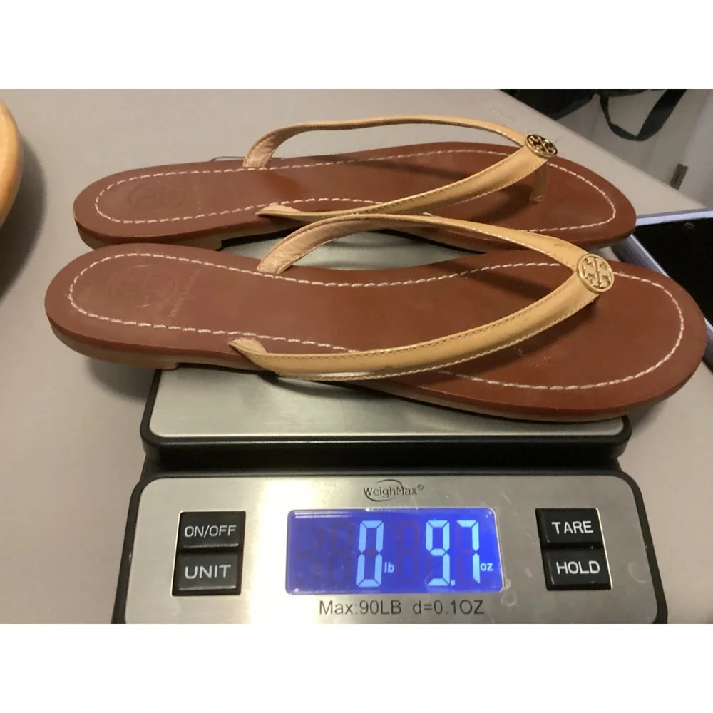 Tory Burch Leather Sandals Womens 7.5M Tan Brown Patent Leather Logo Thong